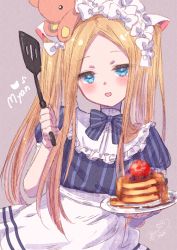 Rule 34 | 1girl, :d, abigail williams (heart of cooking) (fate), abigail williams (fate), apron, black bow, black shirt, blonde hair, blue eyes, blush, bow, breasts, commentary request, fate/grand order, fate (series), food, forehead, grey background, hair bow, highres, holding, holding plate, ittokyu, long hair, looking at viewer, multiple hair bows, nyan, official alternate costume, open mouth, pancake, pancake stack, parted bangs, plate, puffy short sleeves, puffy sleeves, shirt, short sleeves, sidelocks, simple background, small breasts, smile, solo, spatula, striped bow, striped clothes, striped shirt, stuffed animal, stuffed toy, teddy bear, twintails, vertical-striped clothes, vertical-striped shirt, very long hair, waist apron, white apron, white bow