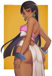 Rule 34 | 1girl, ass, bare shoulders, black hair, blunt bangs, bracelet, breasts, brown eyes, chel (the road to el dorado), commentary, dark-skinned female, dark skin, earrings, english commentary, hands on own hips, highres, jewelry, loincloth, long hair, looking at viewer, medium breasts, pelvic curtain, solo, strapless, the road to el dorado, thick thighs, thighs, tube top, whysoblau