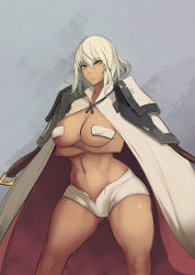 Rule 34 | 1girl, alternate breast size, blonde hair, breast hold, breasts, brown eyes, cleavage, coat, crossed arms, curvy, dark skin, dark-skinned female, covered erect nipples, guilty gear, guilty gear xrd, highres, large breasts, long hair, looking at viewer, metal owl (aden12), navel, no bra, no headwear, no headwear, pasties, pout, ramlethal valentine, serious, short shorts, shorts, solo, standing, thick thighs, thighs, toned, white hair, wide hips, yellow eyes