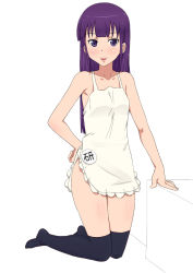 Rule 34 | 1girl, apron, black thighhighs, blush, hand on own hip, ichihisa, kneeling, long hair, looking at viewer, naked apron, open mouth, over-kneehighs, purple eyes, purple hair, solo, thighhighs, working!!, yamada aoi