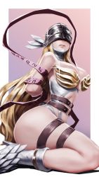 Rule 34 | 1girl, absurdres, angel, angewomon, armor, bare shoulders, belt, blonde hair, bluecup, breastplate, breasts, cleavage, closed mouth, covered eyes, curvy, digimon, digimon (creature), gradient background, helmet, highres, huge breasts, large breasts, lips, long hair, looking afar, midriff, multiple belts, o-ring, o-ring belt, outside border, restrained, solo, thighs, very long hair, white footwear