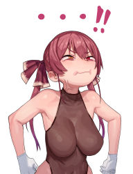 Rule 34 | ...!, 1girl, bags under eyes, bare shoulders, breasts, clenched hands, closed mouth, commentary, covered collarbone, covered navel, gloves, hair between eyes, hair ribbon, half-closed eyes, heterochromia, highleg, highleg leotard, highres, hololive, houshou marine, large breasts, leotard, long hair, looking up, pout, red eyes, red hair, red ribbon, ribbon, simple background, solo, tenchisouha, twintails, upper body, v-shaped eyebrows, veins, virtual youtuber, white gloves, yellow eyes