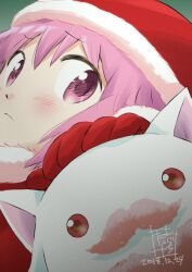 1girl blush christmas commentary creature dated fake_facial_hair fake_mustache frown fur-trimmed_gloves fur-trimmed_headwear fur_trim gloves hat kaname_madoka kyubey looking_at_viewer looking_to_the_side mahou_shoujo_madoka_magica pink_eyes pink_hair red_gloves red_hat santa_costume santa_hat signature taniguchi_jun&#039;ichirou