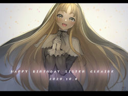Rule 34 | 1girl, black dress, blonde hair, blush, capelet, character name, commentary, cowboy shot, dated, dress, english commentary, floating hair, gloves, grey background, habit, happy birthday, letterboxed, long hair, looking at viewer, mixed-language commentary, mizuiro 32, nijisanji, nun, open mouth, own hands clasped, own hands together, signature, simple background, sister claire, sister claire (1st costume), smile, solo, traditional nun, virtual youtuber, white capelet, white gloves, yellow eyes