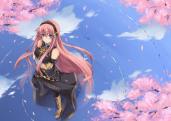 Rule 34 | 1girl, bad id, bad pixiv id, blue eyes, boots, cherry blossoms, from above, headphones, iroha (unyun), long hair, megurine luka, petals, pink hair, reflection, ripples, skirt, smile, solo, thighhighs, very long hair, vocaloid, water