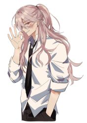 Rule 34 | 1boy, black necktie, black pants, blood, blood on face, collared shirt, earrings, facing to the side, h4td4, half updo, hands in pockets, jewelry, kaida shion, long hair, looking at viewer, male focus, necktie, ok sign, pants, paradox live, pink hair, ponytail, red eyes, shirt, smirk, solo, teeth, white background, white shirt