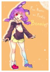 Rule 34 | 1boy, androgynous, animal ears, asymmetrical footwear, bad id, bad pixiv id, bare shoulders, bikini, bikini top only, bonnie (fnaf), character name, collarbone, copyright name, crossdressing, five nights at freddy&#039;s, full body, long hair, long sleeves, looking at viewer, low-tied long hair, male focus, mars symbol, meme attire, micro bikini, micro bikini top, mismatched footwear, open-chest sweater, open mouth, orange background, personification, purple hair, rabbit ears, red eyes, sharp teeth, shimohara (mucomuco), shoes, short shorts, shorts, solo, standing, sweater, swimsuit, tareme, teeth, trap