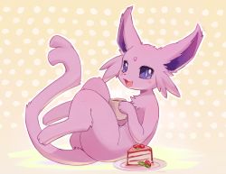 Rule 34 | :3, ancesra, animal focus, artist name, blush, brown background, cake, cake slice, cheesecake, coffee, colored sclera, creatures (company), cup, drink, espeon, fangs, food, forehead jewel, forked tail, from side, fruit, full body, game freak, gen 2 pokemon, hand up, happy, highres, holding, holding cup, holding drink, leaning back, legs up, looking at viewer, mug, nintendo, no humans, open mouth, outline, pink gemstone, plate, pokemon, pokemon (creature), polka dot, polka dot background, purple eyes, purple sclera, revision, simple background, sitting, sketch, skin fangs, smile, solo, steam, strawberry, tail, watermark, white outline