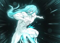 Rule 34 | 1boy, ainchase ishmael, black background, blue eyes, blue hair, completely nude, elsword, expressionless, highres, knee up, long hair, male focus, motion lines, muscular, muscular male, nude, parted lips, pinkmarine, richter (elsword), solo, sword, very long hair, weapon