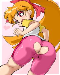 Rule 34 | 00s, 1girl, akazutsumi momoko, anal cutout, ass, ass cutout, bent over, bike shorts, bow, brown hair, clothing cutout, curvy, embarrassed, from behind, hair ribbon, heart, heart cutout, huge ass, hyper blossom, isu, legs, long hair, looking back, lowres, no panties, oekaki, pink bow, plump, ponytail, powerpuff girls, powerpuff girls z, pussy, pussy peek, red eyes, ribbon, solo, spandex, thick thighs, thighs, torn clothes, uncensored, when you see it, wide hips