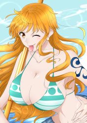 Rule 34 | 1girl, absurdres, bikini, blush, bracelet, breasts, brown eyes, cleavage, curvy, female focus, flower, highres, hip focus, huge breasts, jewelry, long hair, looking at viewer, lying, nami (one piece), one piece, open mouth, orange hair, see-through, smile, solo, swimsuit, tattoo, teeth, thighs, tongue, wide hips