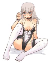Rule 34 | 10s, 1girl, blue eyes, blush, bow, breasts, commentary request, frown, full body, girls und panzer, itsumi erika, lace, lace-trimmed legwear, lace trim, leotard, lingerie, long hair, looking at viewer, medium breasts, open mouth, silver hair, simple background, sitting, sketch, solo, sweatdrop, thighhighs, underwear, uona telepin, v-shaped eyebrows, white background, white thighhighs, wristband