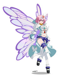 Rule 34 | 1girl, absurdres, adapted costume, blue dress, breasts, butterfly wings, cleavage, dress, gundam, highres, hitodama, insect wings, japanese clothes, kimono, large breasts, long sleeves, looking at viewer, mecha musume, midriff, moonlight butterfly (gundam), nanaya777, open mouth, pink eyes, pink hair, saigyouji yuyuko, sash, short hair, solo, thighhighs, touhou, triangular headpiece, turn a gundam, turn a gundam (mobile suit), wide sleeves, wings