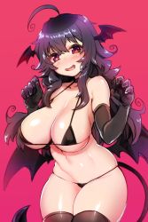 Rule 34 | 1girl, absurdres, ahoge, bare shoulders, bikini, black bikini, black choker, black gloves, black wings, blush, borrowed character, breasts, brown thighhighs, choker, claw pose, cleavage, cowboy shot, demon girl, demon tail, demon wings, elbow gloves, fang, gloves, hair between eyes, halterneck, harigane shinshi, head tilt, head wings, heart, heart-shaped pupils, highres, large breasts, long hair, looking at viewer, micro bikini, nyarla (osiimi), open mouth, original, pink bikini, purple hair, red eyes, shiny skin, simple background, skindentation, smile, solo, string bikini, swimsuit, symbol-shaped pupils, tail, thighhighs, wings