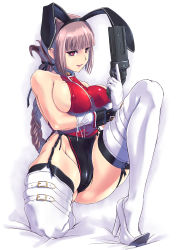Rule 34 | 1girl, animal ears, bare shoulders, blonde hair, breasts, covered erect nipples, curtains, dated, fake animal ears, fate/grand order, fate (series), florence nightingale (fate), gloves, gun, handgun, high heels, highleg, highleg leotard, highres, large breasts, leotard, long hair, looking at viewer, nenchi, on one knee, pepper-box revolver, playboy bunny, rabbit ears, red eyes, revolver, sideboob, signature, solo, thick thighs, thighhighs, thighs, thong leotard, tongue, tongue out, very long hair, weapon, white gloves