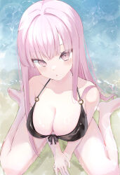 1girl absurdres bare_shoulders barefoot beach bikini black_bikini black_bow blush bow bow_bikini breasts caustics cleavage collarbone commentary day english_commentary from_above hanahane(haruu) highres hololive hololive_english large_breasts legs long_hair looking_at_viewer mori_calliope o-ring o-ring_bikini outdoors pink_eyes pink_hair sitting solo swimsuit thighs toes v_arms virtual_youtuber wariza water