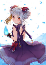 Rule 34 | 1girl, ahoge, bare shoulders, blonde hair, blue fire, blunt bangs, blush, bow, character request, closed mouth, commentary request, copyright request, cowboy shot, double bun, dress, fire, from behind, hair bun, hair ribbon, hanasaki mahiru, highres, holding, holding flame, indie virtual youtuber, looking at viewer, looking back, multicolored hair, purple dress, red bow, red ribbon, ribbon, short hair, sidelocks, silver hair, simple background, sleeveless, sleeveless dress, smile, solo, two-tone hair, virtual youtuber, white background, wrist cuffs