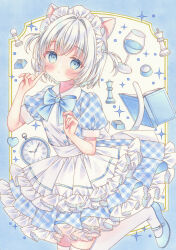 1girl animal_ears apron aqua_border aqua_bow aqua_bowtie aqua_dress aqua_eyes aqua_footwear arm_up artist_name blush book border bow bowtie cat_ears cat_girl cat_tail chess_piece closed_mouth commentary cup dress drinking_glass eraser frilled_apron frilled_dress frills hair_intakes heart highres index_finger_raised king_(chess) layered_dress looking_at_viewer low_twintails maid maid_headdress mary_janes open_book original pawn_(chess) plaid_clothes plaid_dress puu_(kari---ume) queen_(chess) roman_numeral shoes short_hair short_sleeves solo sparkle stopwatch tail thighhighs twintails watch watermark white_apron white_background white_hair white_thighhighs wine_glass zettai_ryouiki