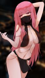 1girl absurdres alternate_costume arm_up black_veil blush body_chain closed_mouth face_veil harem_outfit highres hololive hololive_english long_hair looking_at_viewer mori_calliope mouth_veil navel pink_hair red_eyes see-through_clothes see-through_veil solo uve veil virtual_youtuber