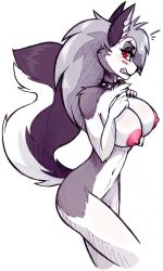 Rule 34 | 1girl, animal ears, breasts, completely nude, furry, furry female, grey hair, helluva boss, highres, large breasts, long hair, loona (helluva boss), midriff, nipples, nude, red eyes, tail, wolf ears, wolf girl, wolf tail