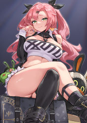 Rule 34 | 1girl, asymmetrical legwear, bare shoulders, black footwear, black ribbon, black socks, black thighhighs, breasts, cleavage, cutoffs, earrings, feet out of frame, green eyes, grey background, hair ornament, hair ribbon, hairclip, hand up, heart, heart earrings, highres, jewelry, jrajazon, large breasts, long hair, long sleeves, looking at viewer, midriff, nail polish, nicole demara, pink hair, ribbon, single thighhigh, sitting, smile, socks, solo, stomach, strapless, thighhighs, thighs, tube top, two side up, zenless zone zero