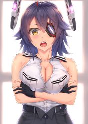 Rule 34 | 1girl, bare arms, bare shoulders, belt, black belt, black gloves, black skirt, blush, breast pocket, breasts, buttons, cleavage, collarbone, commentary request, covered erect nipples, crossed arms, eyepatch, fingernails, gloves, hair between eyes, headgear, high-waist skirt, highres, kantai collection, large breasts, light, looking at viewer, medium hair, no bra, open mouth, partially fingerless gloves, partially unbuttoned, pocket, purple hair, ryouya, shiny skin, shirt, skirt, sleeveless, sleeveless shirt, solo, taut clothes, taut shirt, teeth, tenryuu (kancolle), tenryuu kai ni (kancolle), upper body, upper teeth only, white shirt, yellow eyes