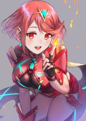 Rule 34 | 1girl, :d, armor, black gloves, blush, breasts, earrings, fingerless gloves, fire, gem, gloves, grey background, highres, impossible clothes, index finger raised, iroha (akei0710), jewelry, large breasts, leaning forward, looking at viewer, nintendo, open mouth, pyra (xenoblade), pyrokinesis, red eyes, red hair, red shorts, short hair, short shorts, shorts, shoulder armor, signature, simple background, smile, solo, swept bangs, thighhighs, tiara, wrist guards, xenoblade chronicles (series), xenoblade chronicles 2