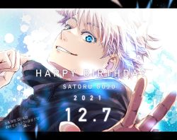 Rule 34 | 1boy, black jacket, blue background, blue eyes, character name, dated, gojou satoru, grin, hand up, happy birthday, jacket, jujutsu kaisen, letterboxed, looking at viewer, male focus, rinjin (hitchcock), short hair, smile, solo, translation request, upper body, white hair