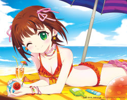 Rule 34 | 1girl, ;), amami haruka, arm support, ass, ball, bangle, bare shoulders, beach, beach towel, beach umbrella, beachball, bendy straw, bikini, blue sky, blush, bottle, bow, bracelet, breasts, brown hair, choker, cleavage, cloud, cocktail, cocktail umbrella, collarbone, comiccho, company connection, day, drink, drinking straw, earrings, frilled bikini, frills, front-tie bikini top, front-tie top, green eyes, hair bow, hair ribbon, horizon, idolmaster, idolmaster (classic), jewelry, looking at viewer, lotion bottle, lying, medium breasts, namco, necklace, ocean, on stomach, one eye closed, orange bikini, outdoors, parasol, pink bow, pink ribbon, red bikini, ribbon, short hair, sky, smile, solo, star (symbol), star earrings, sunlight, swimsuit, taiko no tatsujin, towel, umbrella, wada don, water, wink