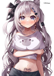 Rule 34 | 1girl, 3:, absurdres, alternate costume, blue eyes, blush, bow, breasts, casual, crop top, earrings, grey hair, hair bow, hair horns, highres, hololive, hololive indonesia, jewelry, long hair, medium breasts, midriff, navel, off-shoulder shirt, off shoulder, pubic tattoo, rlus, rokusketch, shirt, simple background, single earring, solo, tattoo, twitter username, upper body, very long hair, vestia zeta, virtual youtuber, wavy hair, white background
