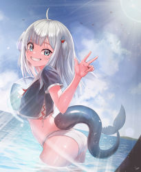 Rule 34 | 1girl, 5ent (bullbug), absurdres, ahoge, ass, ball, blue eyes, fins, fish tail, gawr gura, grey hair, grin, highres, holding, holding ball, hololive, hololive english, lens flare, medium hair, panties, partially submerged, resolution mismatch, shark tail, short sleeves, smile, source smaller, tail, two side up, underwear, virtual youtuber, w, wet