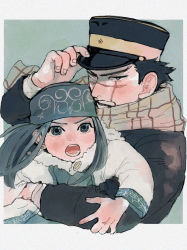 Rule 34 | 1boy, 1girl, adjusting clothes, adjusting headwear, ainu, ainu clothes, arm up, asirpa, bad id, bad pixiv id, bandana, black coat, black eyes, black hair, black headwear, blue background, blue bandana, brown scarf, cape, coat, commentary, commentary request, ear piercing, earrings, facial scar, framed, fur cape, golden kamuy, grey eyes, grey hair, hat, he lsinki, highres, holding person, hoop earrings, imperial japanese army, jewelry, kepi, long hair, long sleeves, looking at viewer, military, military hat, military uniform, open mouth, piercing, scar, scar on cheek, scar on face, scar on mouth, scar on nose, scarf, short hair, sidelocks, simple background, spiked hair, star (symbol), sugimoto saichi, teeth, two-tone headwear, uniform, upper body, white cape, yellow headwear