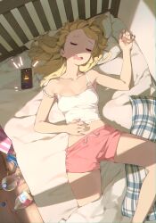 Rule 34 | 1girl, arm up, blonde hair, bottle, breasts, cellphone, closed eyes, cropped shirt, hand on own stomach, highres, indoors, lying, open mouth, original, phone, pink shorts, seuhyo99, shirt, short shorts, shorts, sleeping, sleeveless, sleeveless shirt, small breasts, smartphone, solo, spread legs, white shirt