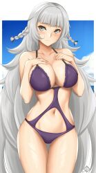 Rule 34 | 1girl, absurdly long hair, alternate costume, arcie albano, artist logo, azur lane, bare shoulders, bikini, blue sky, blush, border, braid, breasts, cleavage, closed mouth, cloud, cloudy sky, collarbone, commentary request, cowboy shot, gluteal fold, grey eyes, grey hair, hands on own cheeks, hands on own face, highres, large breasts, long hair, navel, outdoors, outside border, purple bikini, sky, smile, solo, swimsuit, thigh gap, very long hair, vittorio veneto (azur lane), vittorio veneto (the flower of la spezia) (azur lane), white border