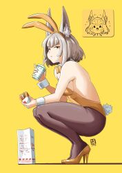 Rule 34 | 1girl, alternate costume, animal ears, automatic giraffe, bag, bare shoulders, bow, bowtie, breasts, burger, cat ears, commentary, detached collar, english commentary, english text, facial mark, fake animal ears, food, full body, grey hair, high heels, highres, holding, holding food, leotard, looking at viewer, nia (xenoblade), pantyhose, paper bag, playboy bunny, rabbit ears, rabbit tail, short hair, small breasts, solo, squatting, strapless, strapless leotard, tail, thighs, wrist cuffs, xenoblade chronicles (series), xenoblade chronicles 2, xenoblade chronicles 3, yellow background, yellow eyes, yellow leotard