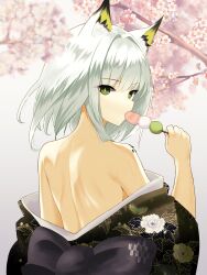 Rule 34 | 1girl, absurdres, animal ears, arknights, bare back, bare shoulders, black kimono, bright pupils, cat ears, cherry blossoms, commentary request, dango, dr.lamina, food, green eyes, grey background, grey hair, hand up, highres, holding, holding food, japanese clothes, kal&#039;tsit (arknights), kimono, looking at viewer, material growth, off shoulder, oripathy lesion (arknights), sanshoku dango, short hair, solo, upper body, wagashi, white pupils