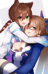 Rule 34 | 2girls, absurdres, animal ears, black gloves, blue jacket, blue leotard, blue ribbon, blush, braid, breasts, brown eyes, brown hair, carrying, carrying person, cleavage, commentary request, commission, fang, fingerless gloves, gloves, green eyes, hair between eyes, hair ribbon, highres, hug, jacket, large breasts, leotard, long hair, long sleeves, multiple girls, one eye closed, open mouth, partial commentary, phantasy star, phantasy star online 2, pink ribbon, ponytail, red-framed eyewear, red eyes, ribbon, sidelocks, skeb commission, skin fang, smile, tamafurin, teeth, thighhighs, two-tone leotard, upper teeth only, valgiris, very long hair, white jacket, white leotard, white thighhighs, wide sleeves