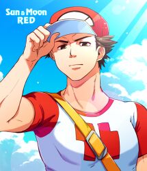 Rule 34 | 1boy, adjusting clothes, adjusting headwear, blue sky, broad shoulders, brown eyes, character name, closed mouth, copyright name, creatures (company), game freak, hat, looking at viewer, male focus, nintendo, pectorals, pokemon, pokemon sm, red (pokemon), red hat, shirt, short sleeves, sky, solo, sumishiba (pixiv), t-shirt, thick neck, v-shaped eyebrows