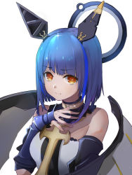 Rule 34 | 1girl, amco, azur lane, bad id, bad pixiv id, bare shoulders, blue hair, breasts, choker, commentary request, cross, dress, floating headgear, gascogne (azur lane), gauntlets, hair ornament, halo, headgear, highres, holding, looking at viewer, mechanical halo, medium breasts, multicolored hair, short hair, simple background, solo, strapless, strapless dress, white background, white dress, yellow eyes