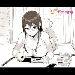 Rule 34 | 1girl, blush, book, breasts, cellphone, cleavage, copyright name, crossed ankles, glasses, jpeg artifacts, large breasts, legs up, light blush, lying, manga (object), mole, mole under eye, monochrome, on floor, on stomach, open book, phone, reading, sakuramachi touko, sasamori tomoe, smartphone, solo, succubus stayed life, tank top, tatami, window