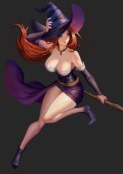 Rule 34 | 1girl, ankle boots, bare shoulders, boots, breasts, choker, cleavage, detached sleeves, dragon&#039;s crown, dress, full body, grey background, hat, hat over one eye, highres, jewelry, large breasts, long hair, nail polish, neck, necklace, phamoz, purple eyes, purple nails, red hair, side slit, solo, sorceress (dragon&#039;s crown), staff, strapless, strapless dress, witch hat