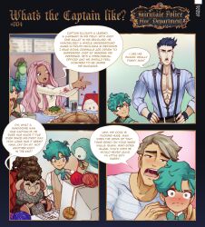 Rule 34 | 1girl, 4koma, absurdres, archie pendragon, bird, blue hair, bow, bread, briar rose (fairytale police hoe department), chest hair, comic, computer, danyal baron, dark blue hair, eating, english text, fairytale police hoe department, food, frog, green bow, green hair, hands on another&#039;s shoulders, highres, idoraad, keyboard (computer), knitting, monitor, on chair, open mouth, owl, pasta, pectoral cleavage, pectorals, pink hair, saliva, satou kotarou (fairytale police hoe department), sexually suggestive, sitting, spaghetti, yarn, yarn ball