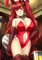 Rule 34 | 1girl, animal ears, azur lane, bad id, bad pixiv id, bare shoulders, blunt bangs, breasts, brooch, cleavage, clothing cutout, cowboy shot, detached collar, drink, elbow gloves, fake animal ears, fake tail, glass, gloves, highres, honolulu (azur lane), jewelry, large breasts, leotard, long hair, looking at viewer, navel cutout, open mouth, orange eyes, playboy bunny, rabbit ears, rabbit tail, red hair, shibata rai, tail, thighhighs, thighs, tray, twintails, very long hair, waitress