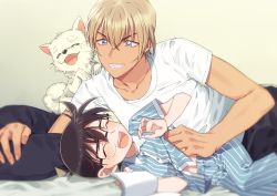Rule 34 | 2boys, :d, ^ ^, amuro tooru, animal, black-framed eyewear, blonde hair, blue eyes, blue pajamas, blurry, blush, book, brown hair, buttons, casual, child, closed eyes, collarbone, commentary request, depth of field, dog, edogawa conan, fangs, fingernails, glasses, grey background, grin, hair between eyes, happy, haro (meitantei conan), height difference, k (gear labo), laughing, looking at another, lying, male focus, meitantei conan, midriff peek, multiple boys, on bed, on side, open book, open mouth, pajamas, pants, shirt, short hair, short sleeves, simple background, smile, striped clothes, striped pajamas, striped pants, striped shirt, tearing up, teeth, tickling, tickling sides, upper teeth only, vertical-striped clothes, vertical-striped pants, vertical-striped shirt, white dog, white shirt