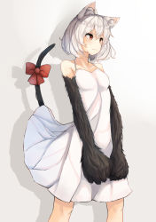 Rule 34 | 1girl, animal ears, blush, bow, cat ears, cat tail, dress, highres, original, plan (planhaplalan), simple background, solo, tail, tears, white background, white dress, white hair