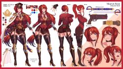 absurdres blue_eyes blueriest boots breasts character_sheet cleavage_cutout clothing_cutout commission concept_art gun handgun hat high_heel_boots high_heels highres holster large_breasts long_hair military military_hat military_uniform miniskirt multiple_views original ponytail sharyn_rose skirt sword thick_thighs thigh_holster thighhighs thighs tsurime very_long_hair weapon