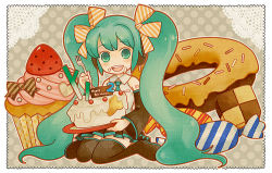 Rule 34 | 1girl, bad id, bad pixiv id, birthday, cake, candy, checkerboard cookie, cookie, cupcake, detached sleeves, doughnut, female focus, food, fork, full body, green eyes, green hair, hair ribbon, hatsune miku, jiruta, long hair, matching hair/eyes, pastry, ribbon, sitting, skirt, smile, solo, thighhighs, twintails, very long hair, vocaloid, zettai ryouiki