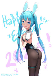 Rule 34 | 1girl, :d, animal ears, artist name, black leotard, blue eyes, blue hair, blush, breasts, brown pantyhose, commentary request, easter, fake animal ears, hair between eyes, hand up, happy easter, hatsune miku, highres, leotard, liclac, long hair, looking at viewer, looking to the side, open mouth, pantyhose, playboy bunny, puffy short sleeves, puffy sleeves, rabbit ears, rabbit tail, short sleeves, shrug (clothing), signature, skindentation, small breasts, smile, solo, strapless, strapless leotard, tail, thigh strap, twintails, very long hair, vocaloid, white background