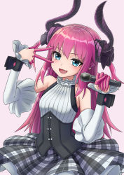 Rule 34 | 1girl, bare shoulders, black ribbon, blue eyes, blush, breasts, brown background, circle skirt, collarbone, curled horns, detached sleeves, dragon horns, elizabeth bathory (fate), elizabeth bathory (fate/extra ccc), elizabeth bathory (second ascension) (fate), fate/extra, fate/extra ccc, fate (series), grey skirt, hair between eyes, hair ribbon, hands up, highres, holding, holding microphone, horns, jd (bibirijd), long hair, long sleeves, microphone, pink hair, plaid, plaid skirt, pleated skirt, ribbon, shirt, simple background, skirt, sleeveless, sleeveless shirt, small breasts, solo, two side up, underbust, v over eye, very long hair, white shirt, white sleeves