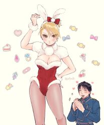 Rule 34 | 1boy, 1girl, alternate costume, amestris military uniform, black hair, blonde hair, breasts, brown eyes, cleavage, commentary request, covered navel, earrings, embarrassed, folded ponytail, fullmetal alchemist, hand on own hip, jellymlk, jewelry, large breasts, leotard, military, military uniform, pantyhose, playboy bunny, red leotard, riza hawkeye, roy mustang, strapless, strapless leotard, uniform, white background